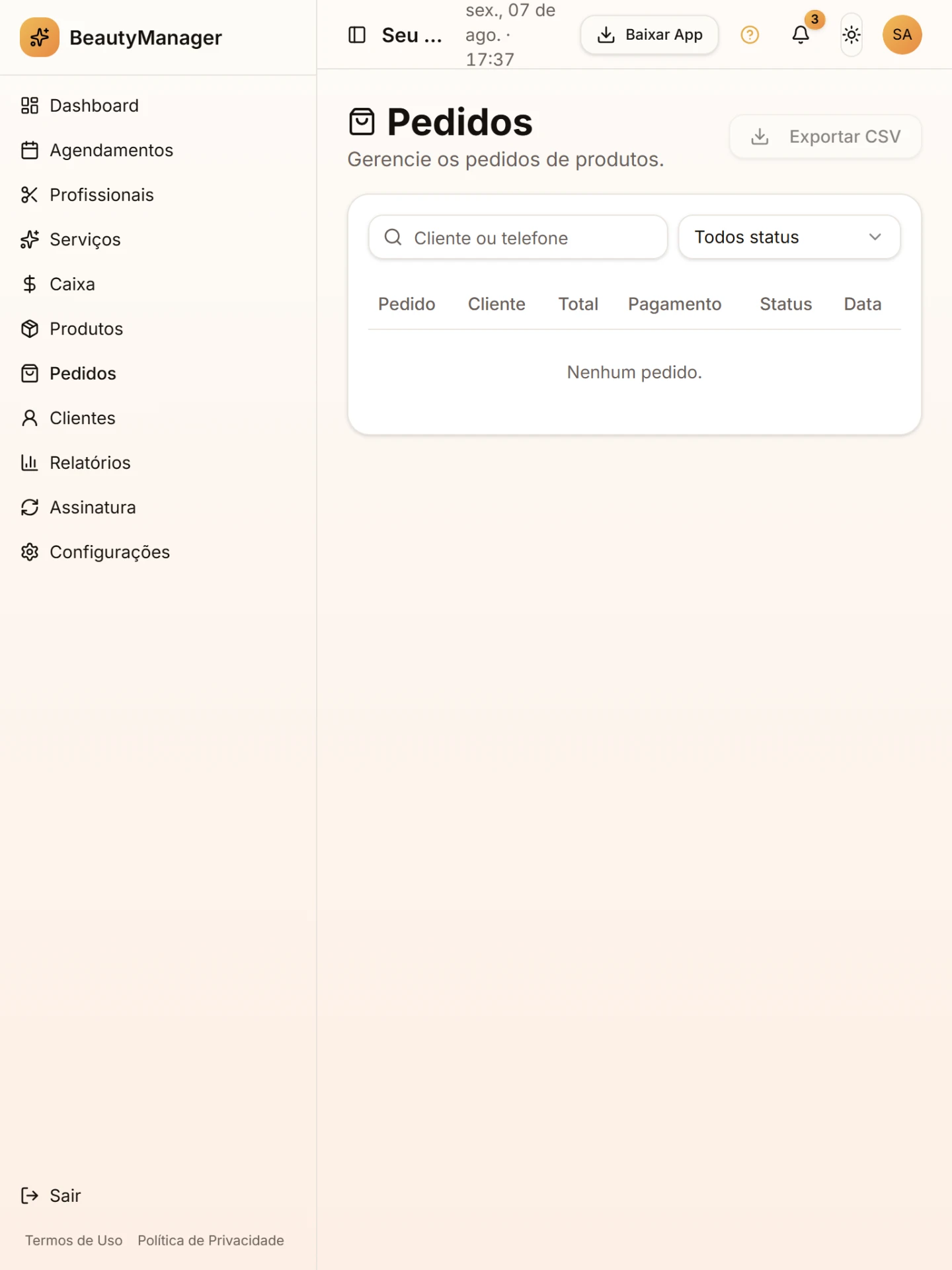 Tela do módulo Pedidos da vitrine chegando em tempo real no BeautyManager