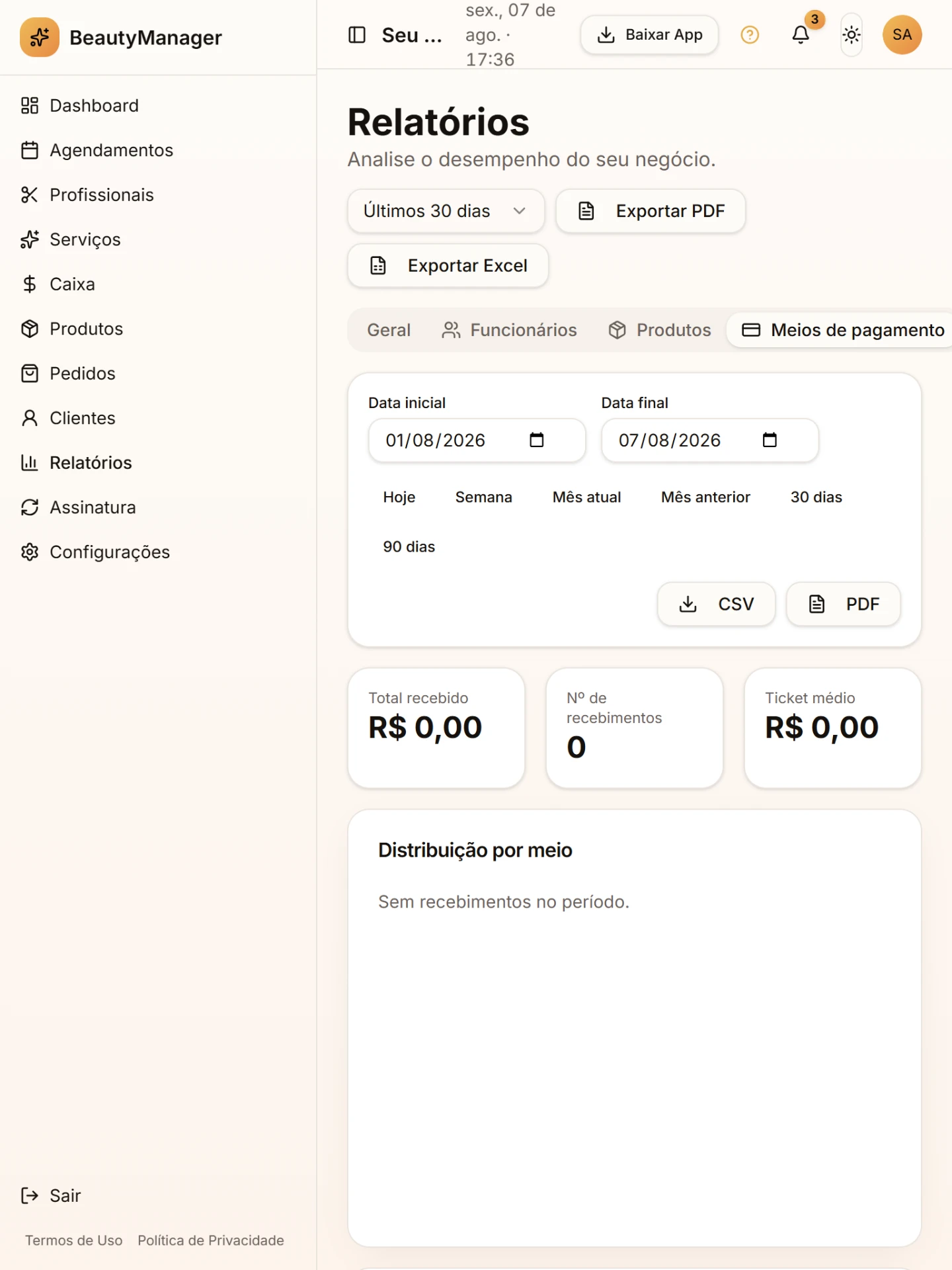 Outra tela do módulo Decisões com números, não com achismo no BeautyManager