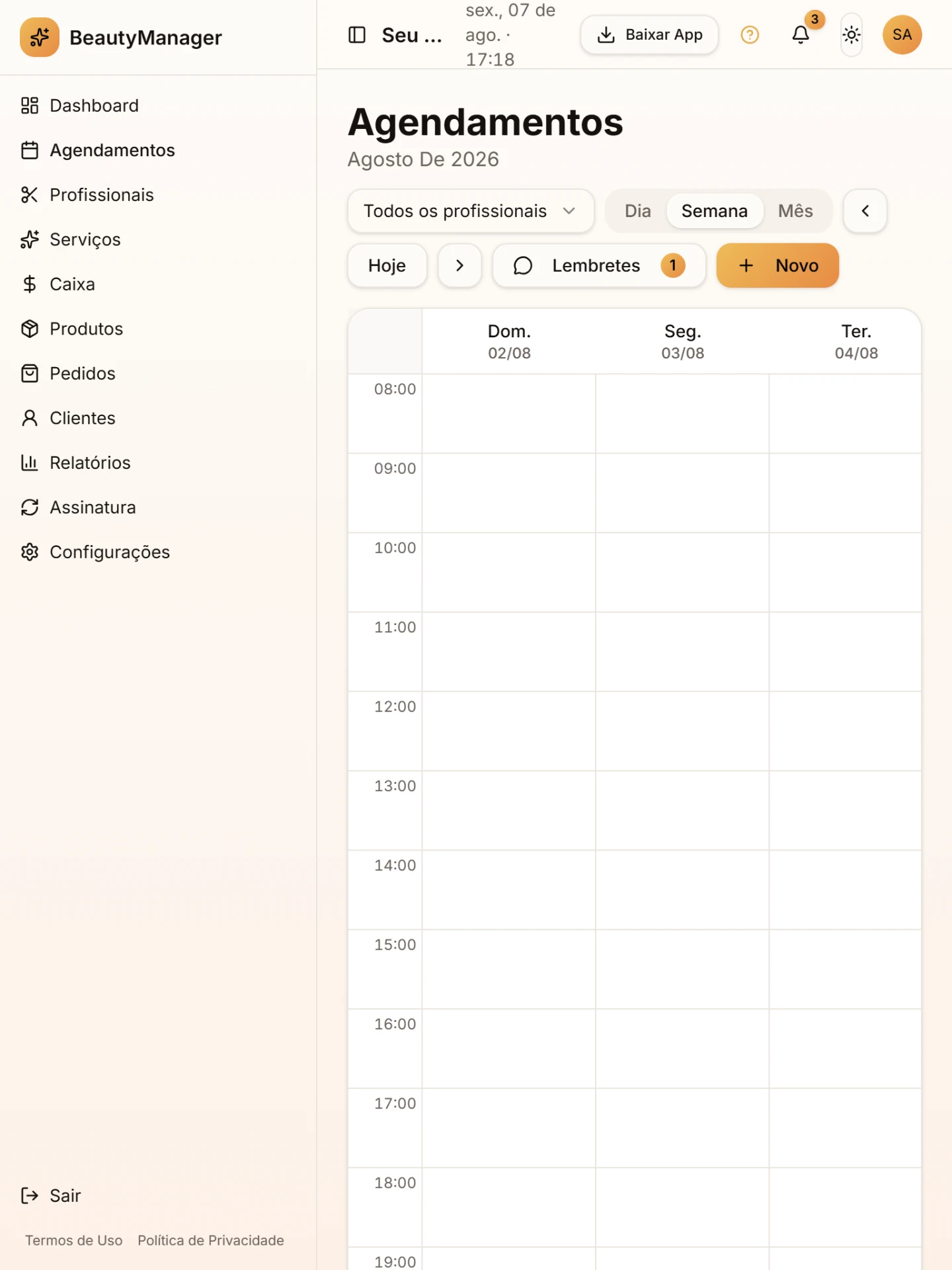 Tela do módulo Agenda inteligente por dia, semana ou mês no BeautyManager