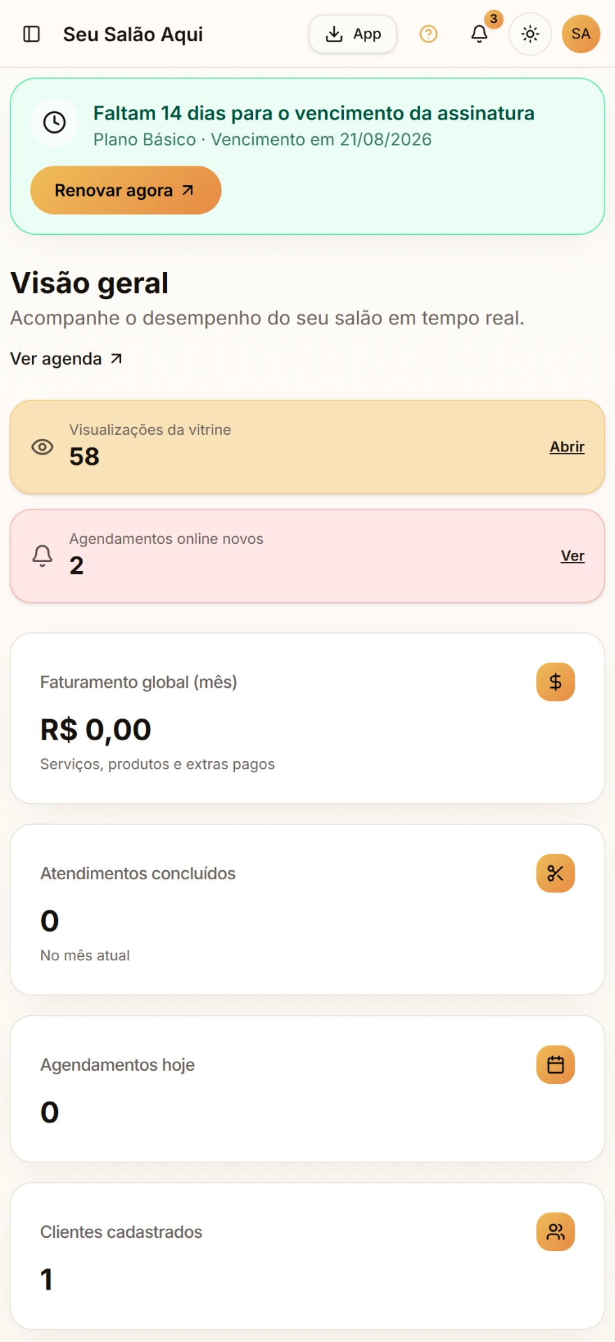 Tela do módulo Todo o negócio em uma tela, em tempo real no BeautyManager
