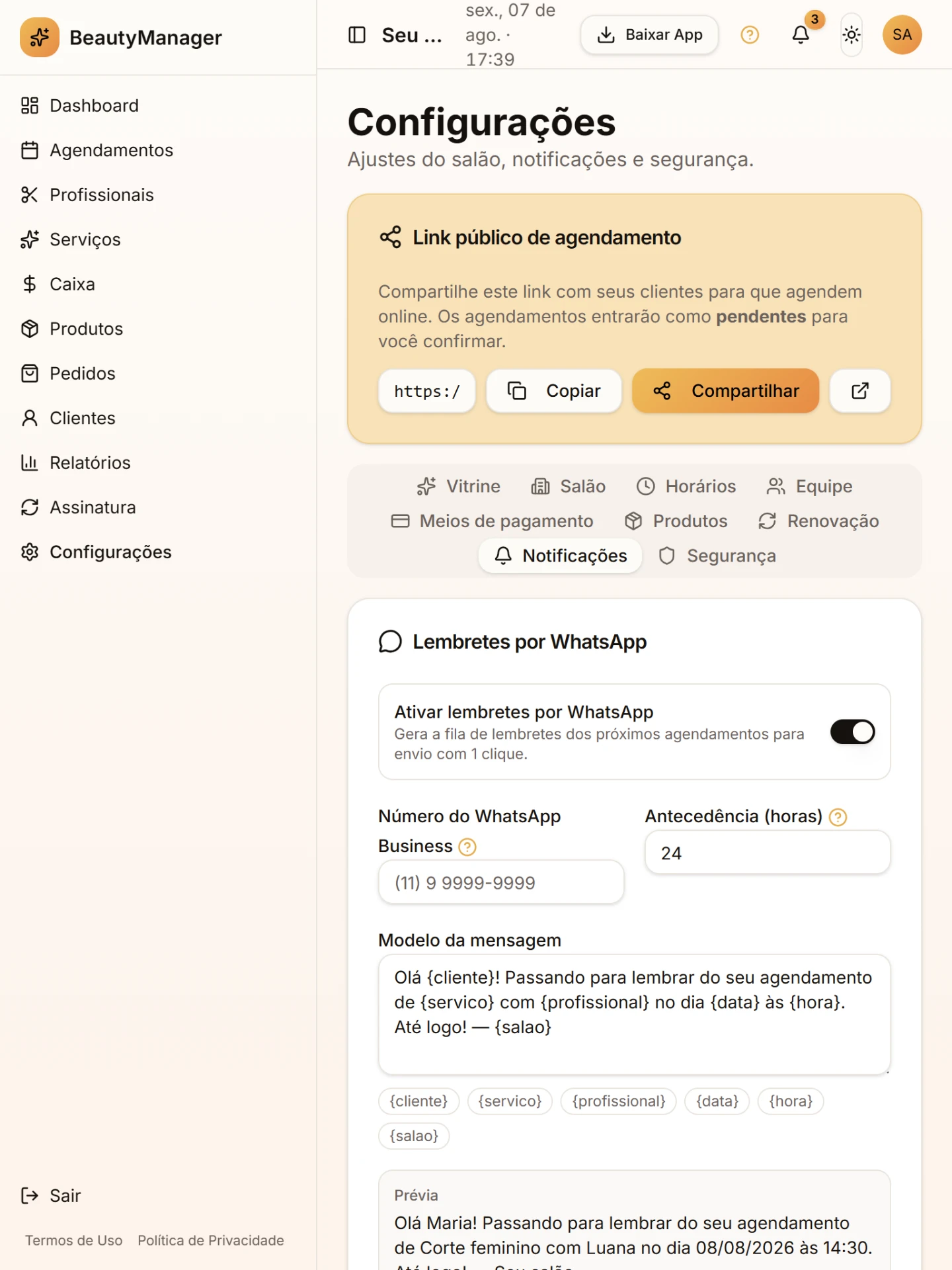 Outra tela do módulo Seu salão do jeito que você quiser no BeautyManager
