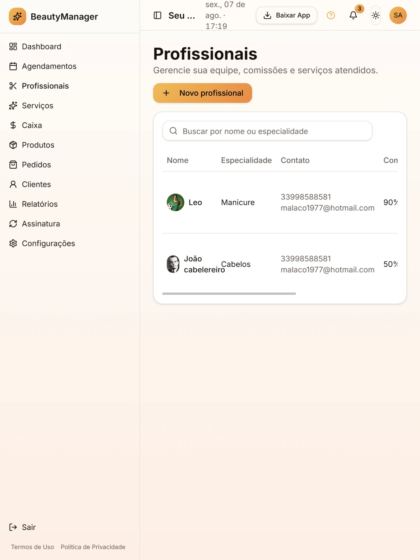 Tela do módulo Cadastre a equipe e controle as comissões no BeautyManager