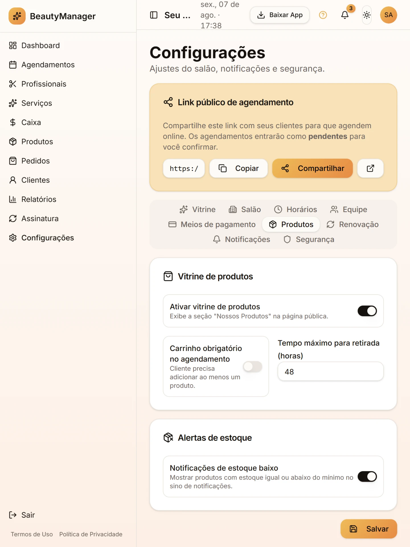 Outra tela do módulo Seu salão do jeito que você quiser no BeautyManager