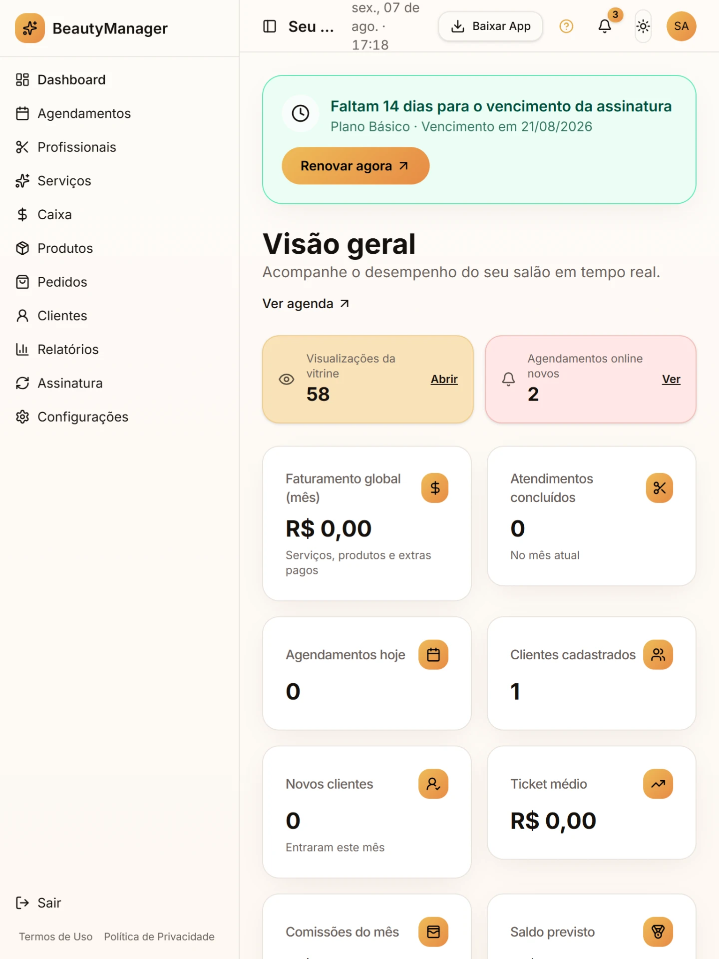 Dashboard do BeautyManager em um tablet