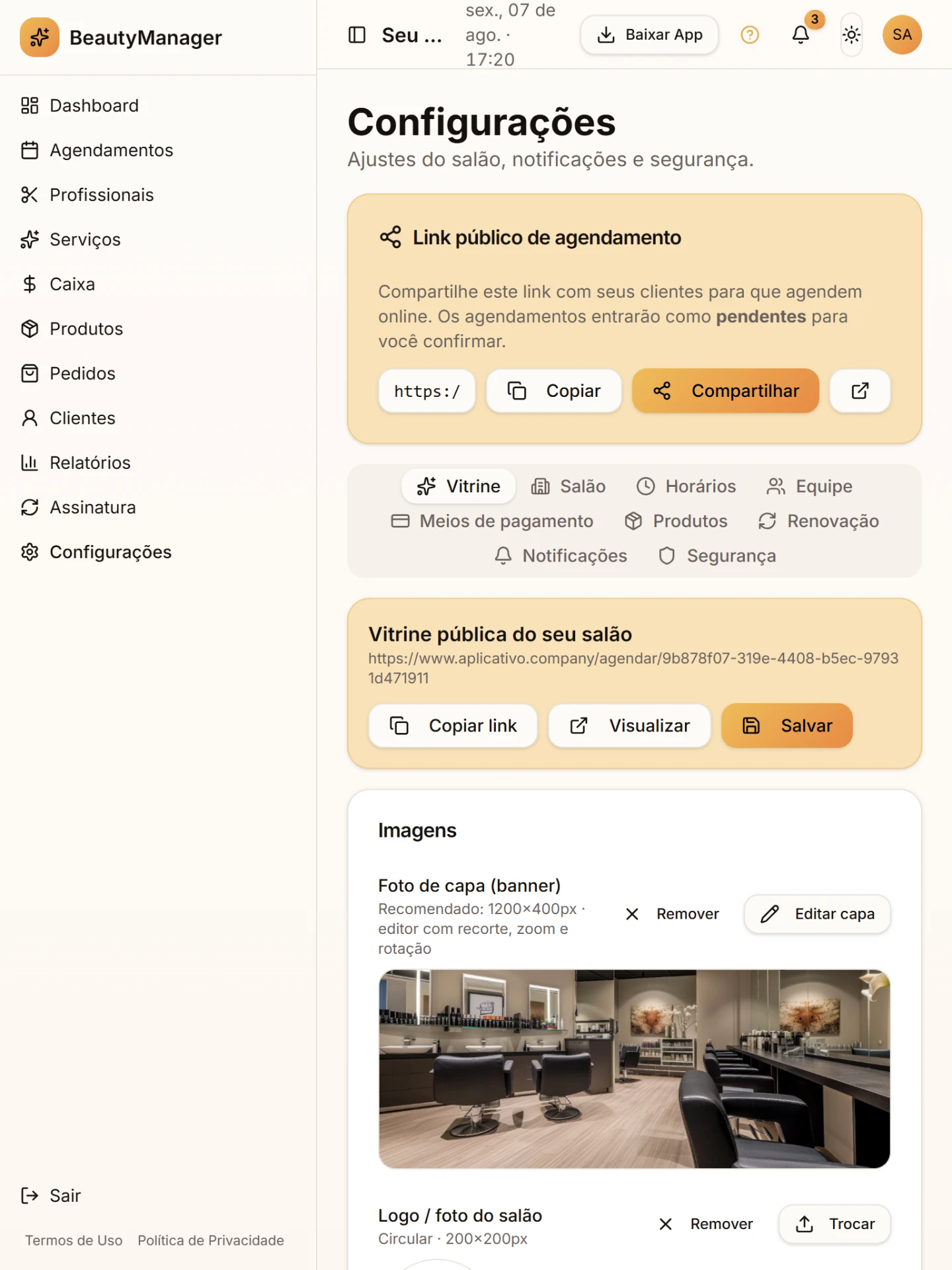 Tela do módulo Seu salão do jeito que você quiser no BeautyManager
