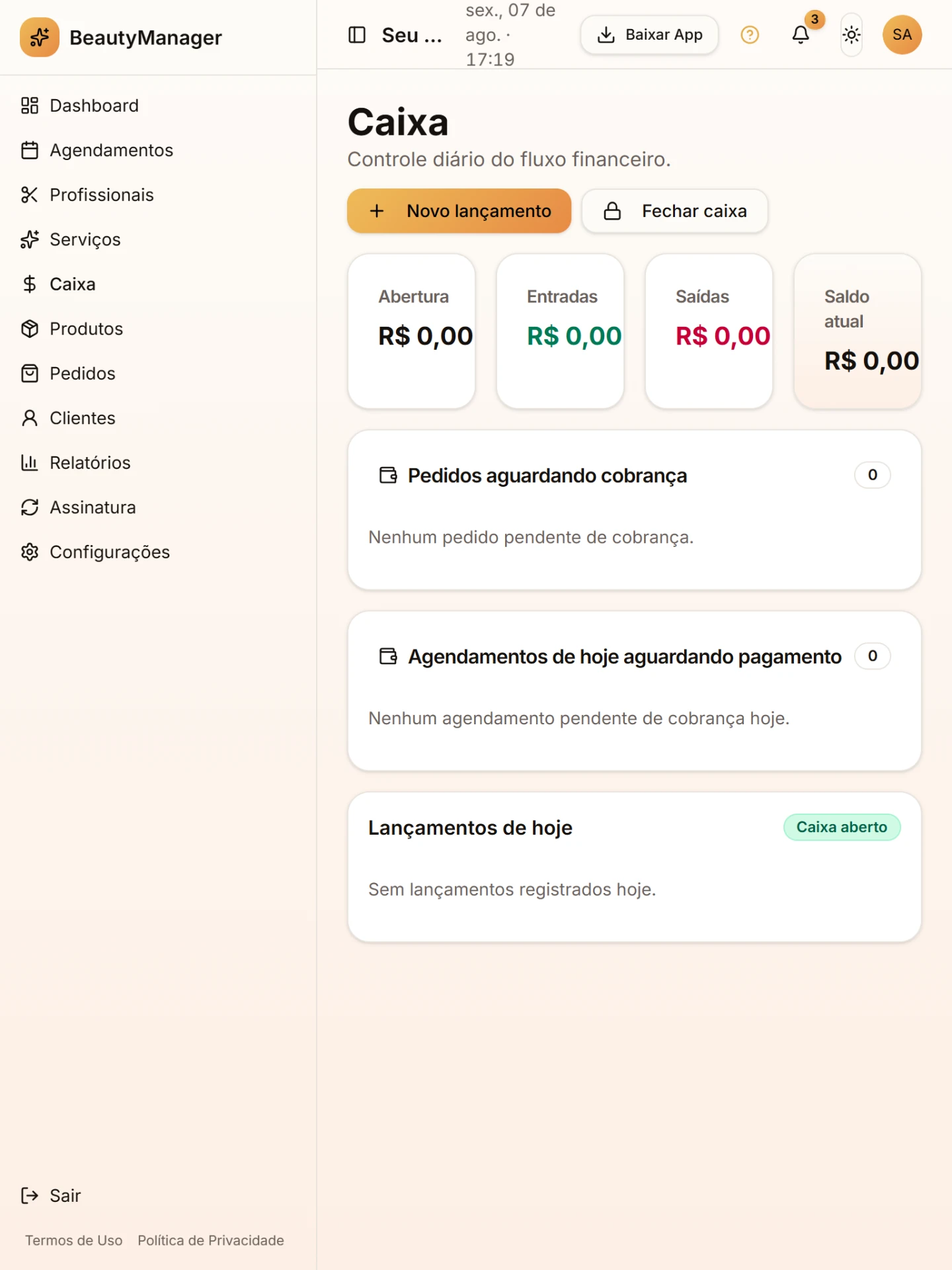Tela do módulo Fluxo de caixa diário sem planilha no BeautyManager