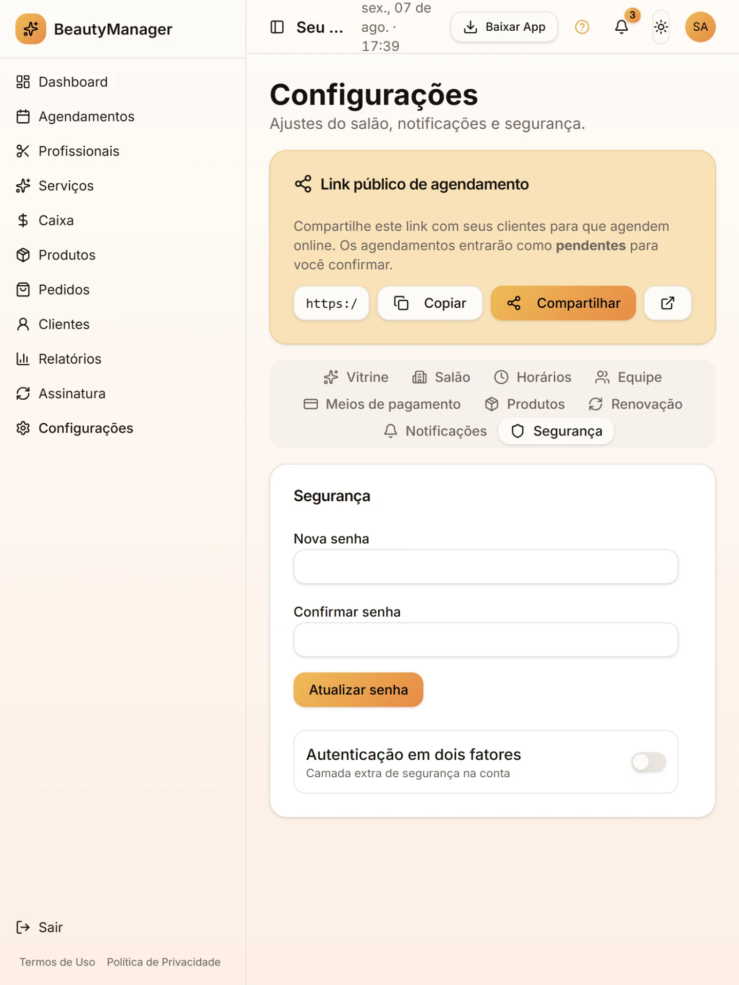 Outra tela do módulo Seu salão do jeito que você quiser no BeautyManager