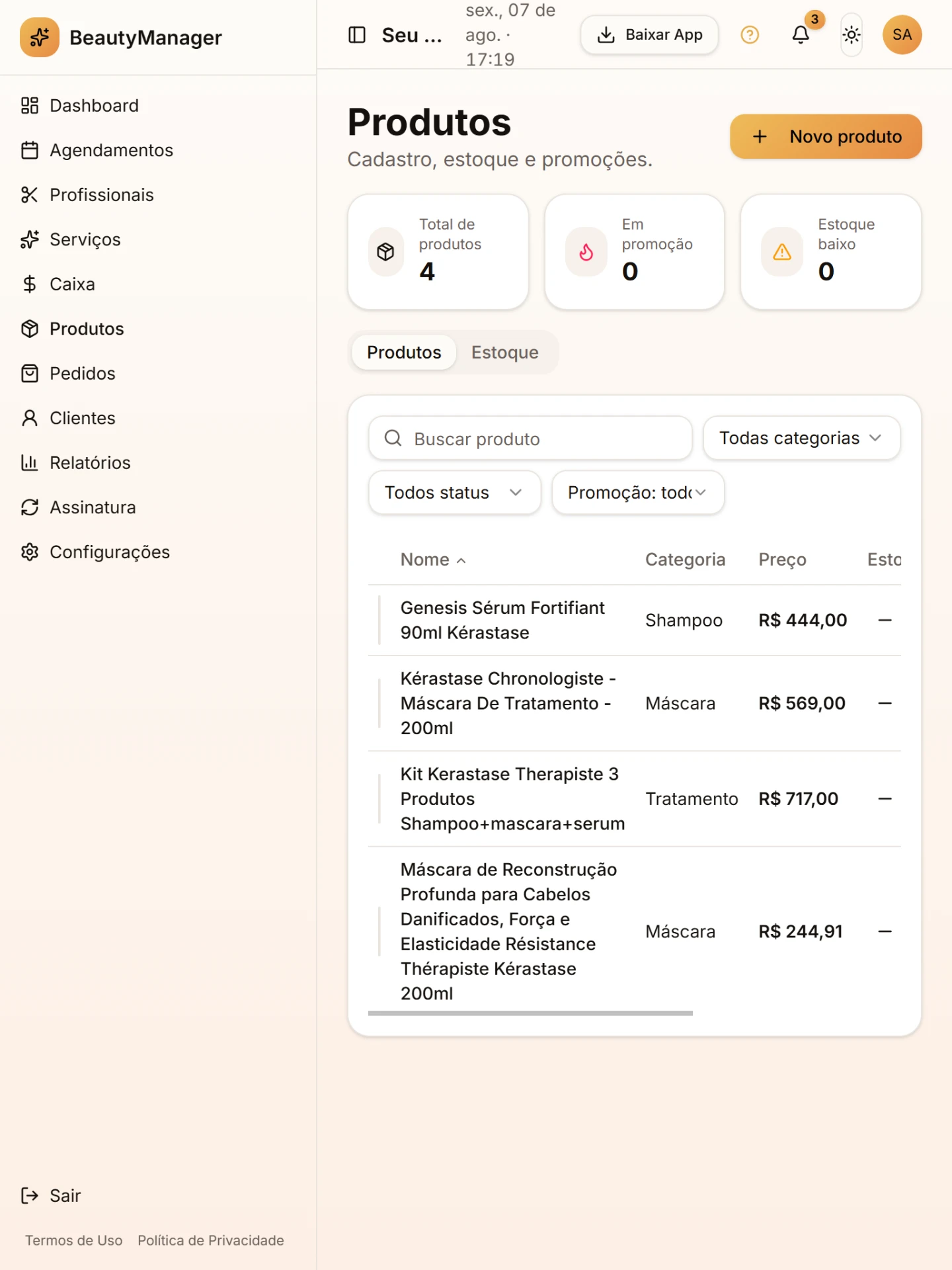 Tela do módulo Estoque que se atualiza sozinho a cada venda no BeautyManager