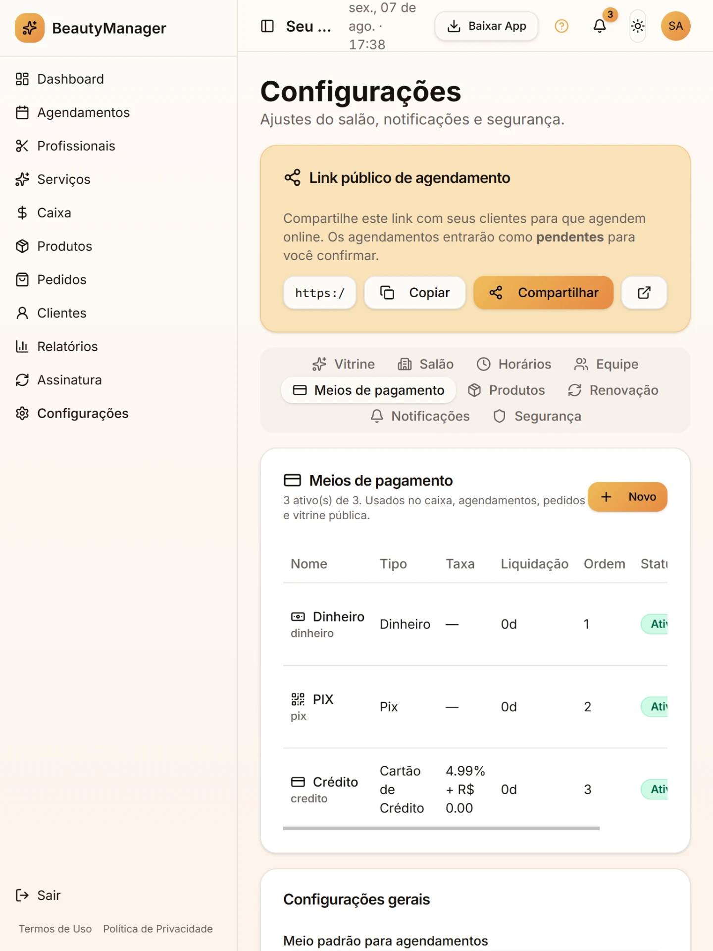 Outra tela do módulo Seu salão do jeito que você quiser no BeautyManager