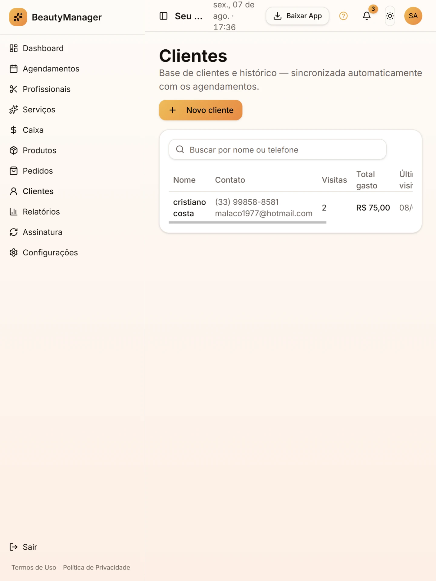 Tela do módulo Histórico completo de cada cliente no BeautyManager