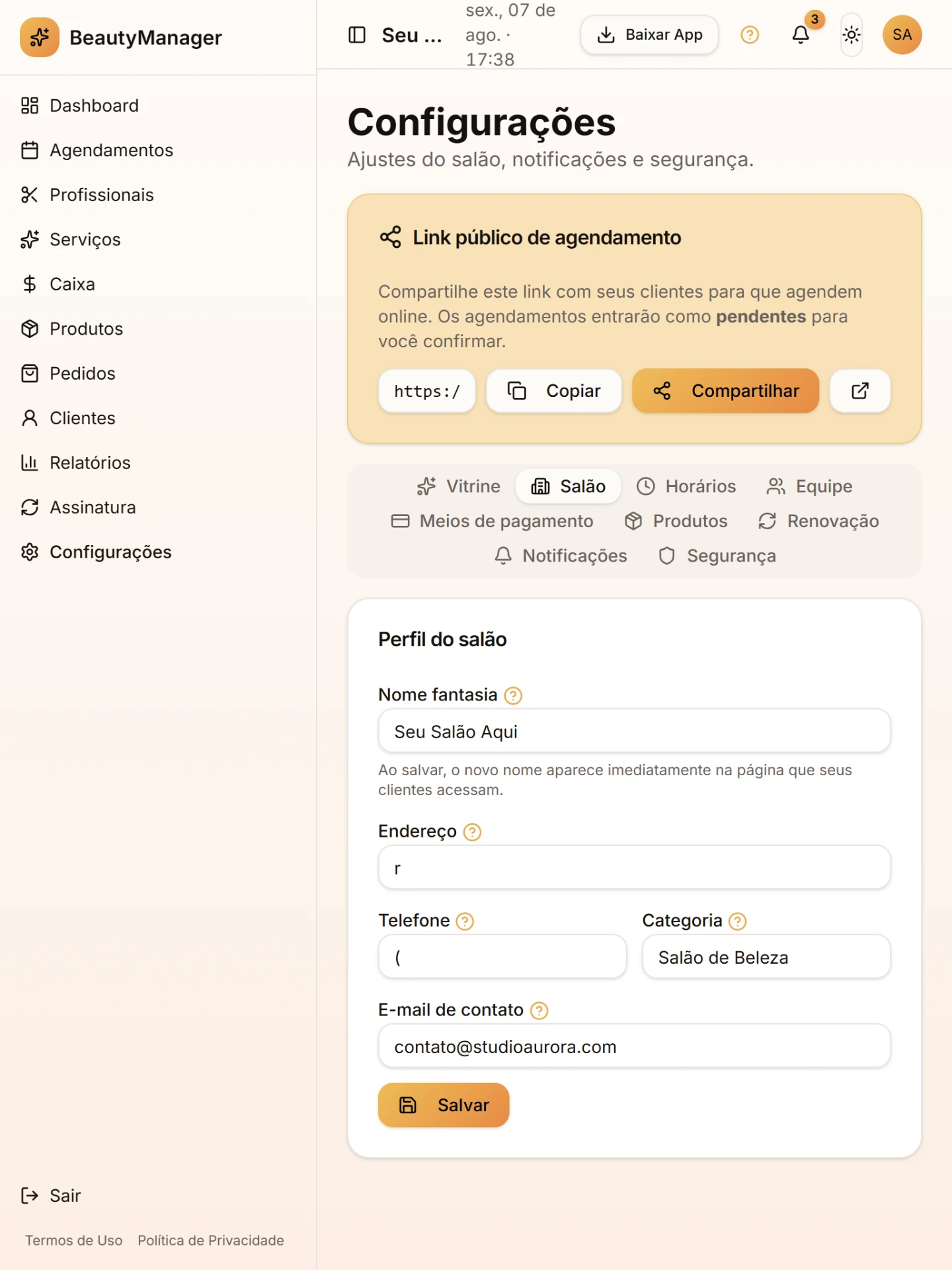 Outra tela do módulo Seu salão do jeito que você quiser no BeautyManager